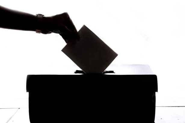 Mão deposita um voto em uma urna, em uma representação genérica do processo eleitoral.